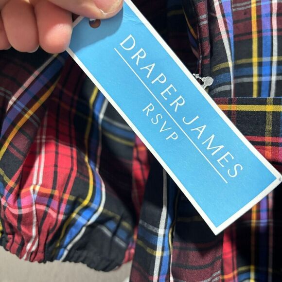 Draper James RSVP Tiered Midi Dress XL Red Black Plaid Smocked Bow Back Stretch - Picture 9 of 12